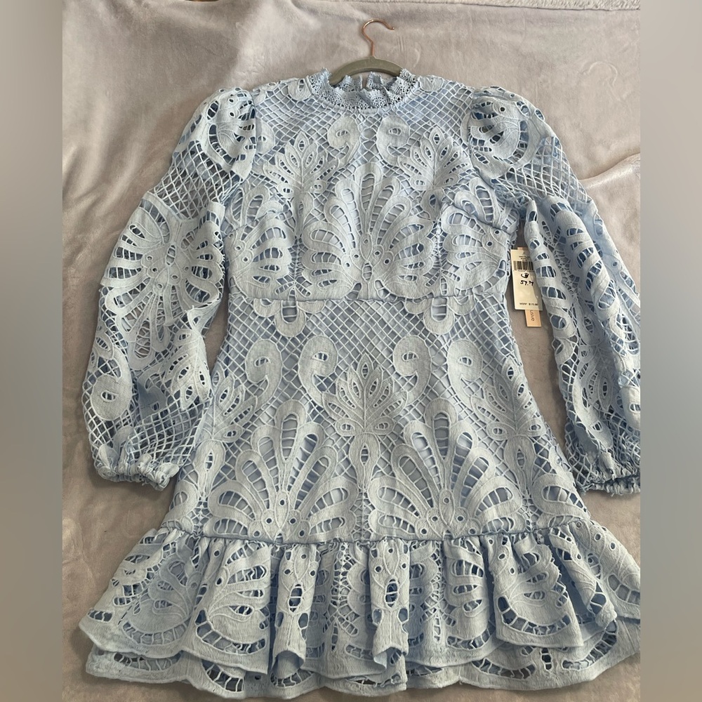 Aqua Long Sleeve Lace Dress in Light Blue